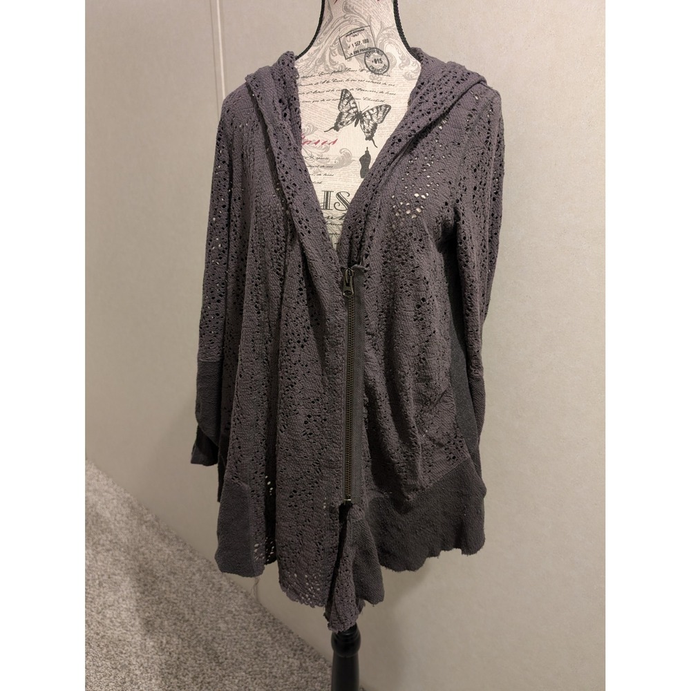 Free People Gray Hooded Knit Crochet Zip Cotton Jacket Boho Thermal Women's XS
